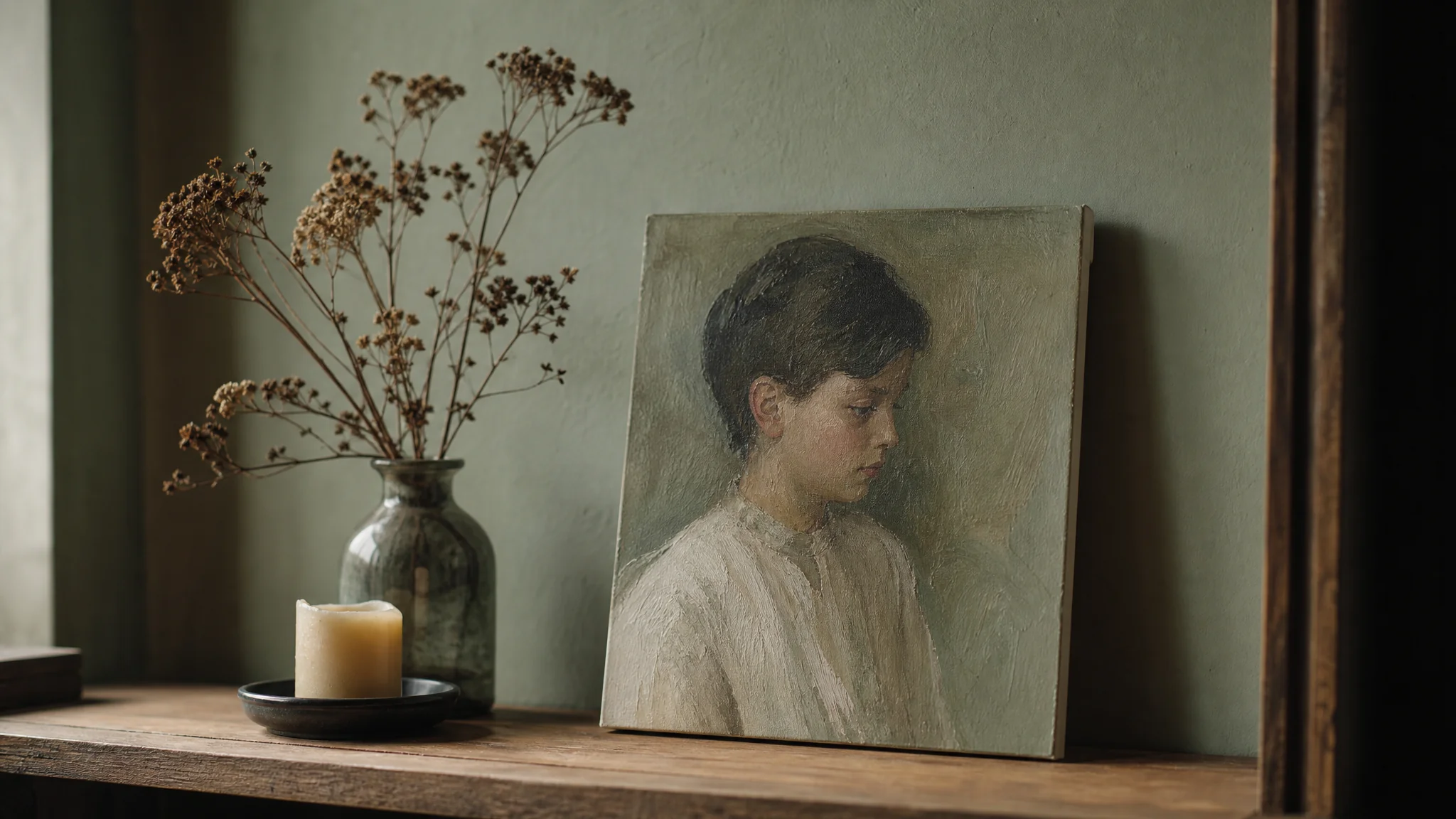 Stille woonkamer met een ingelijst portretschilderij op een wand en een brandende kaars op tafel