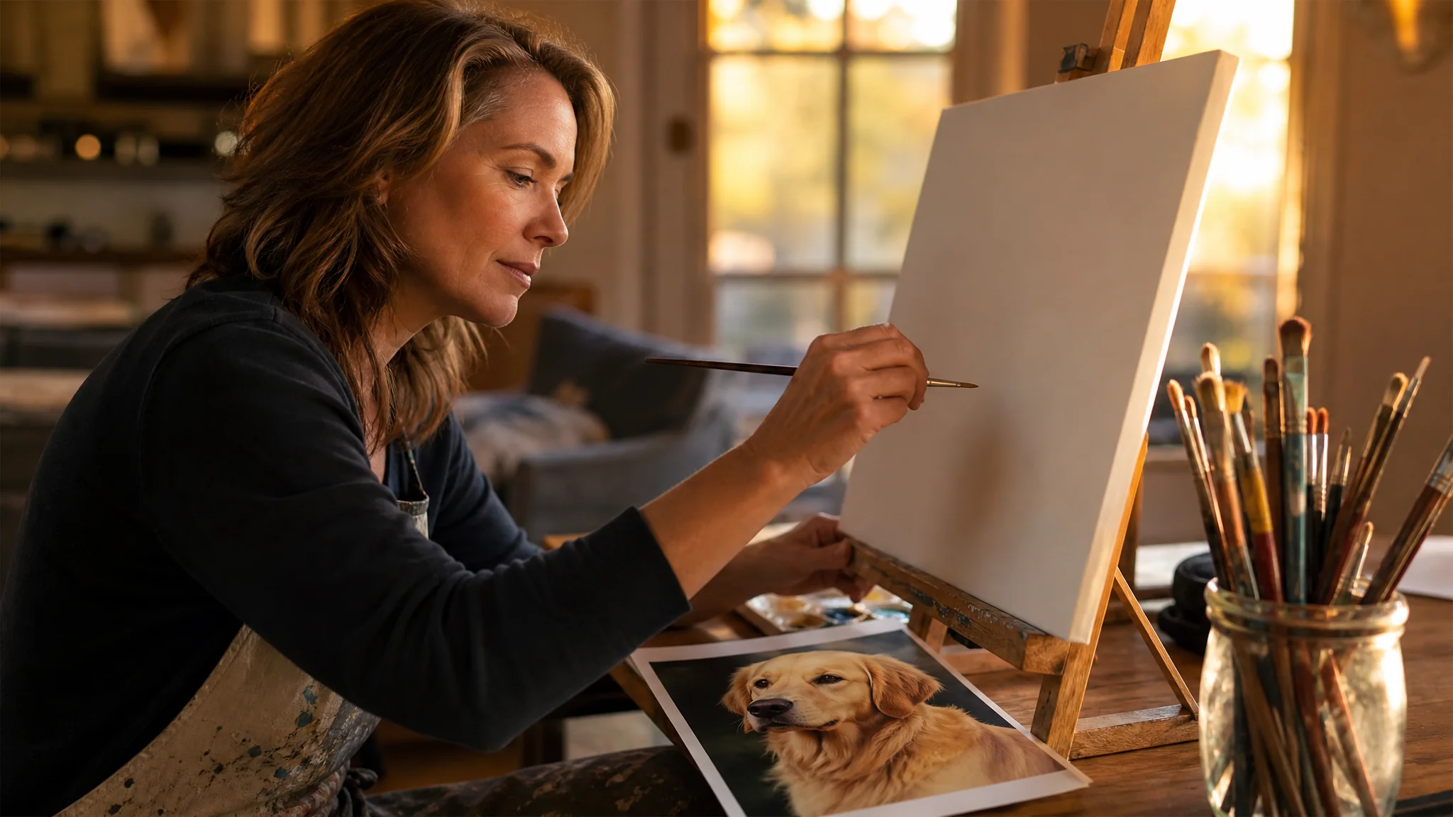 Iemand schildert op canvas naast een geprinte foto van een hond