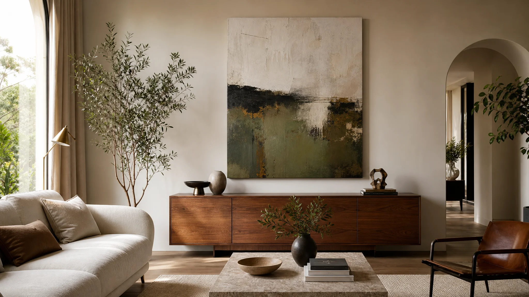 Een 100x150 cm liggend statement-schilderij boven een grijze hoekbank in een open plan woonkamer