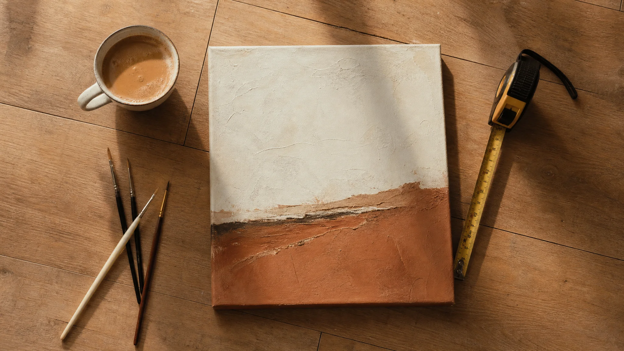 Een klein 40x50 cm doek met landschapsmotief opgehangen naast een spiegel in een hal
