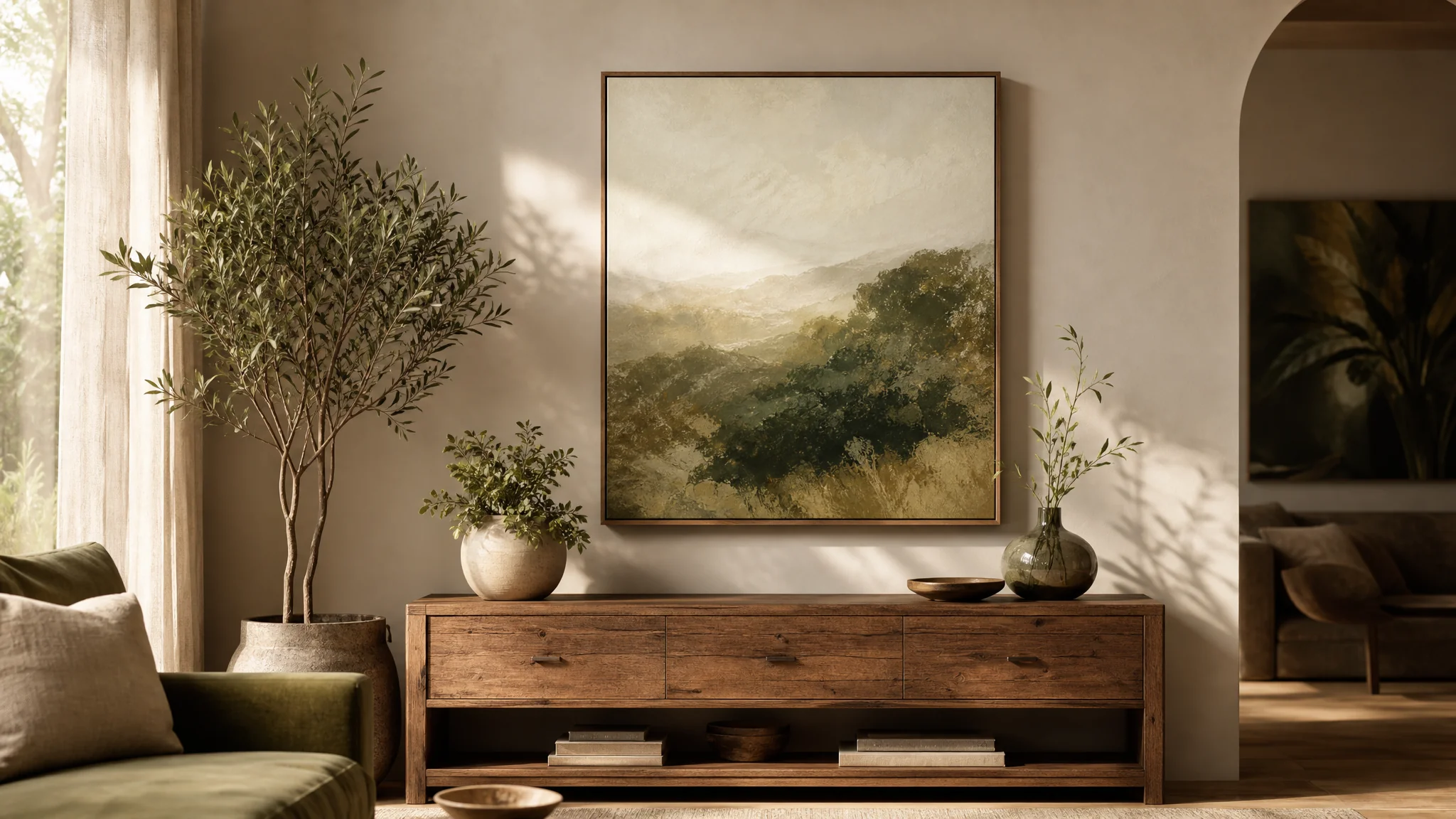 Een 60x80 cm doek met natuurlandschap, liggend opgehangen boven een houten dressoir in een woonkamer