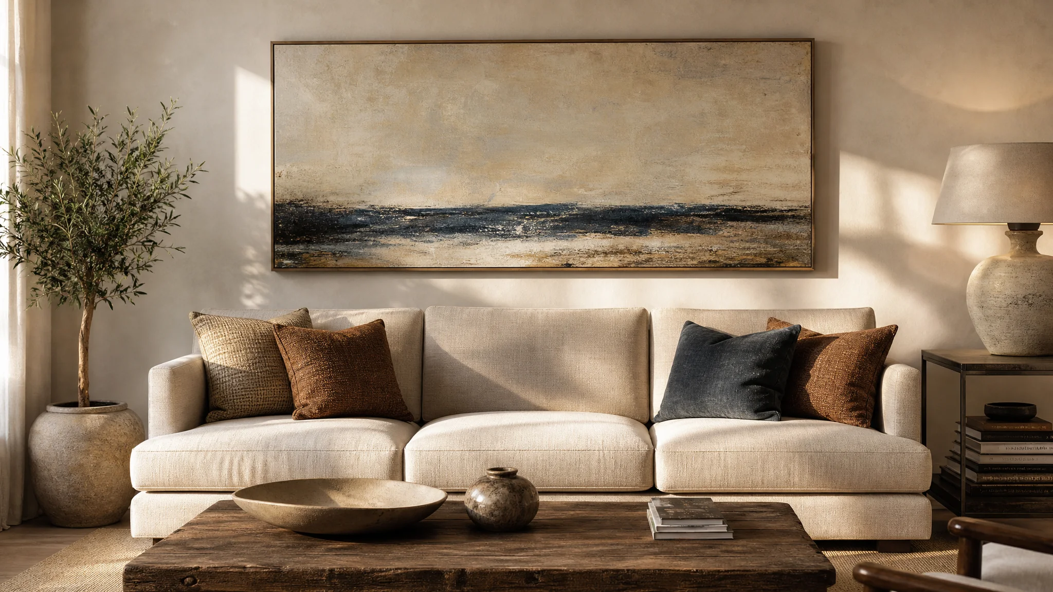 Een 80x120 cm liggend doek met landschap centraal opgehangen boven een grijze drie-zitsbank