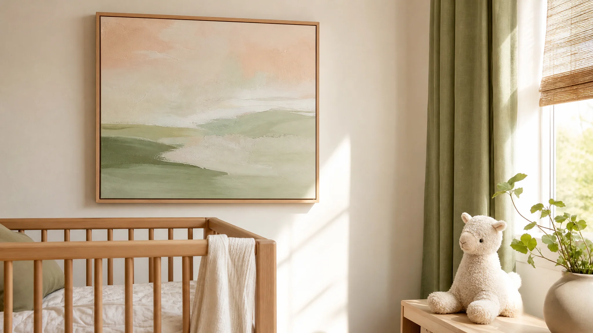 Zacht getint schilderij van een hertje boven een wit ledikant in een rustige babykamer