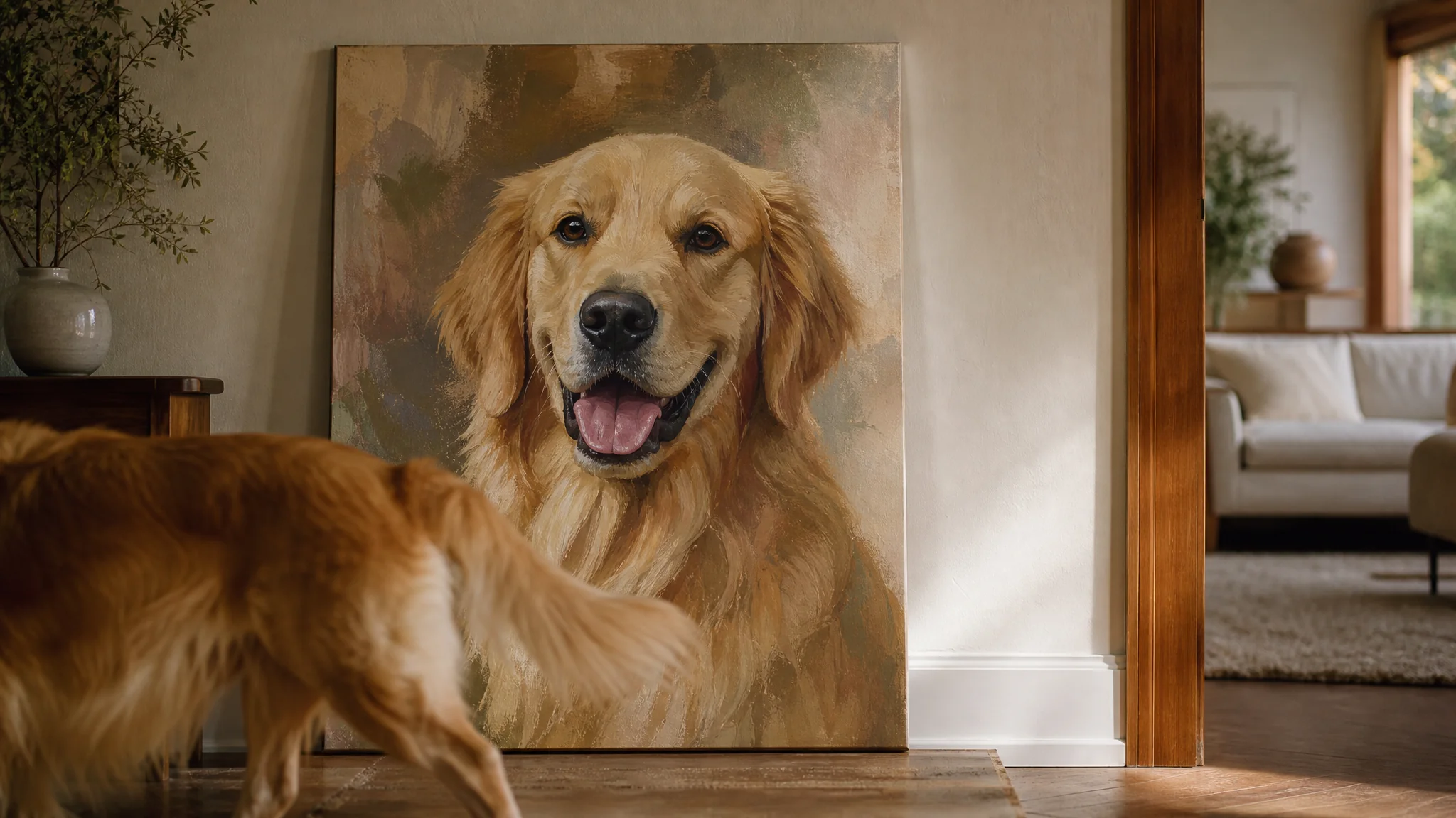 Geschilderd portret van een hond op canvas op een ezel