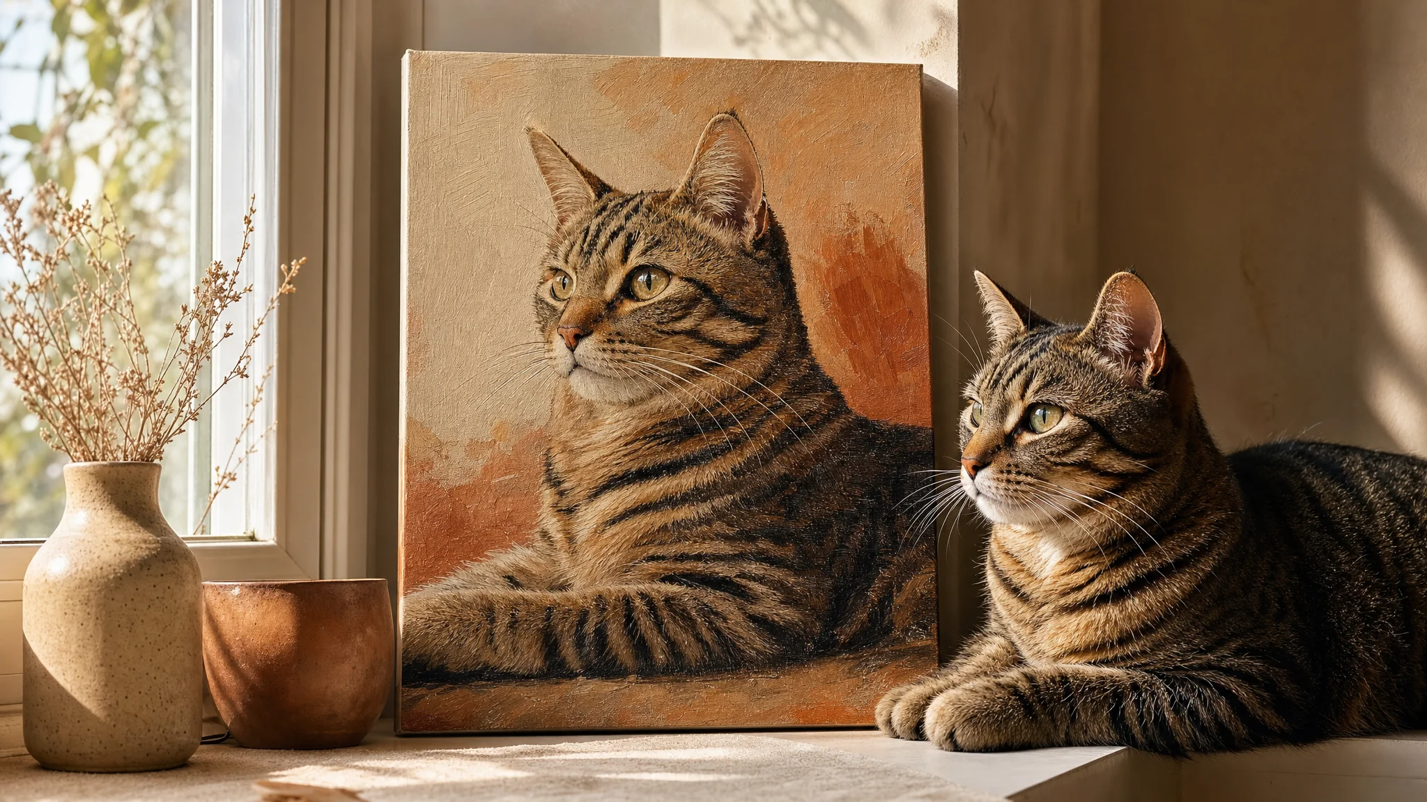 Geschilderd portret van een kat op canvas naast een referentiefoto