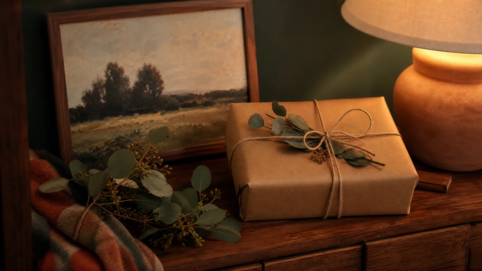 Ingepakt kerstcadeau naast een klein ingelijst nummer-schilderij in een gezellige decemberkamer