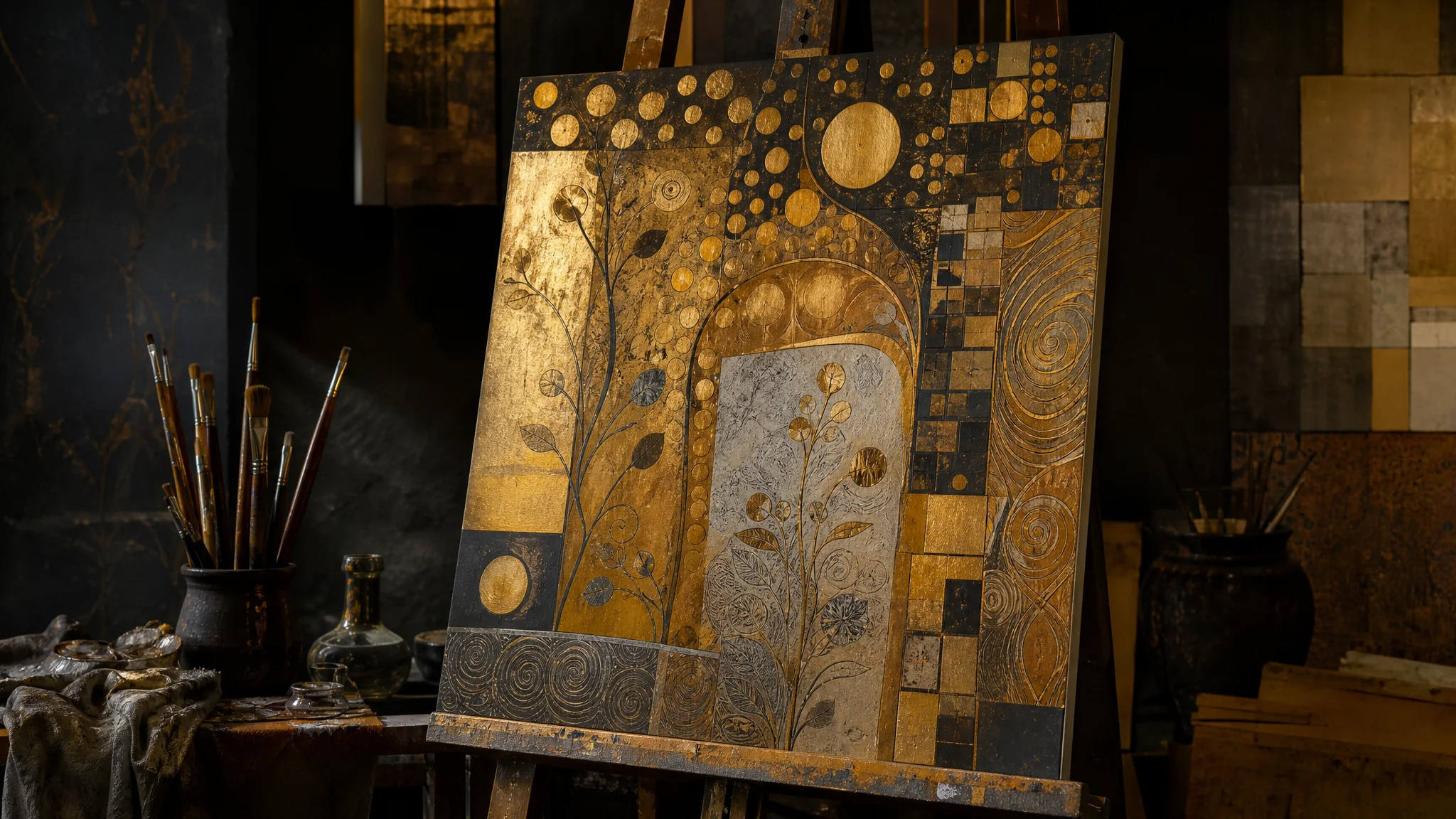 Detail van Klimt's De Kus reproductie met gouden patronen op canvas