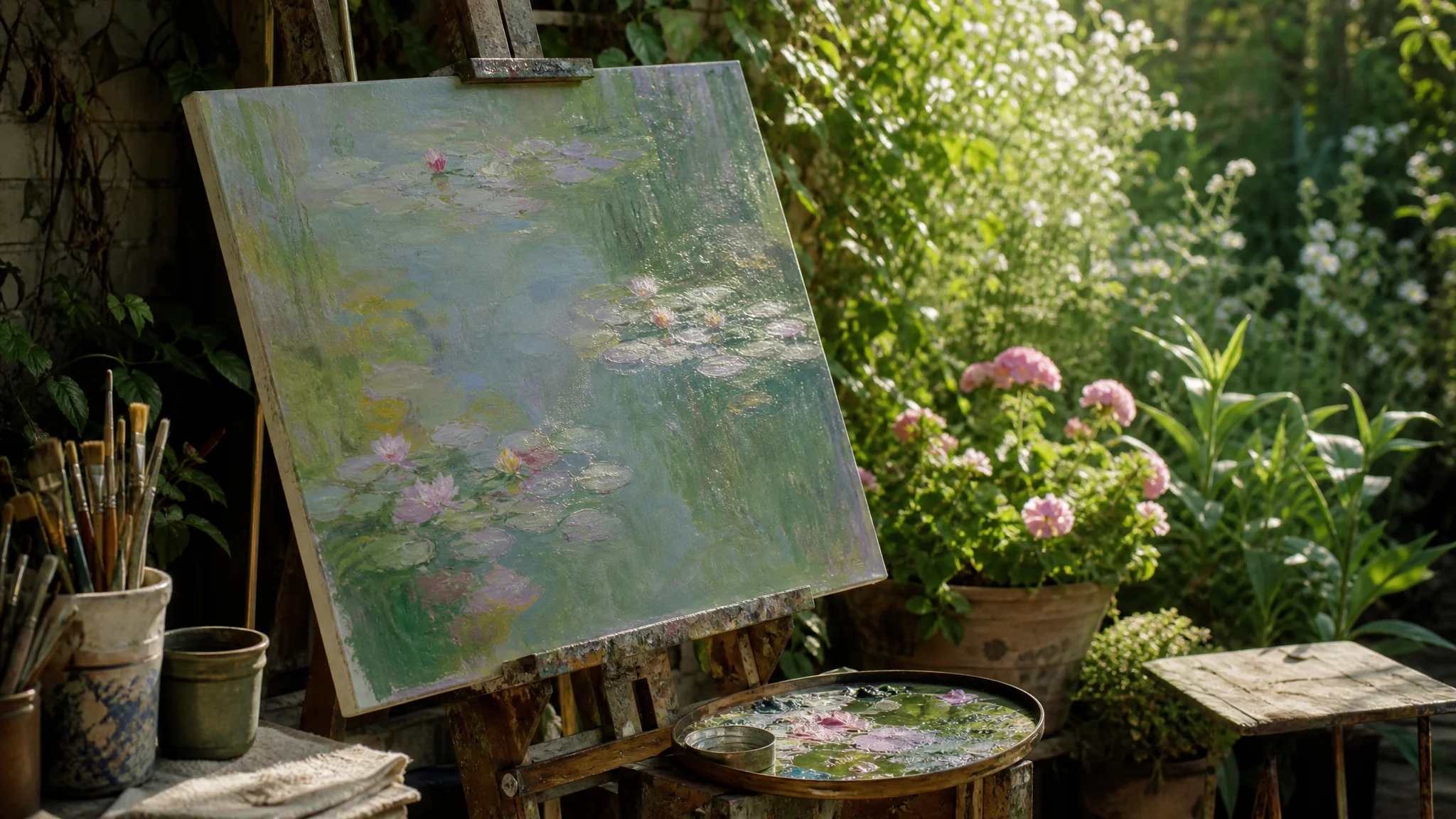 Reproductie van Monet's Waterlelies op canvas met palet en kwasten ernaast
