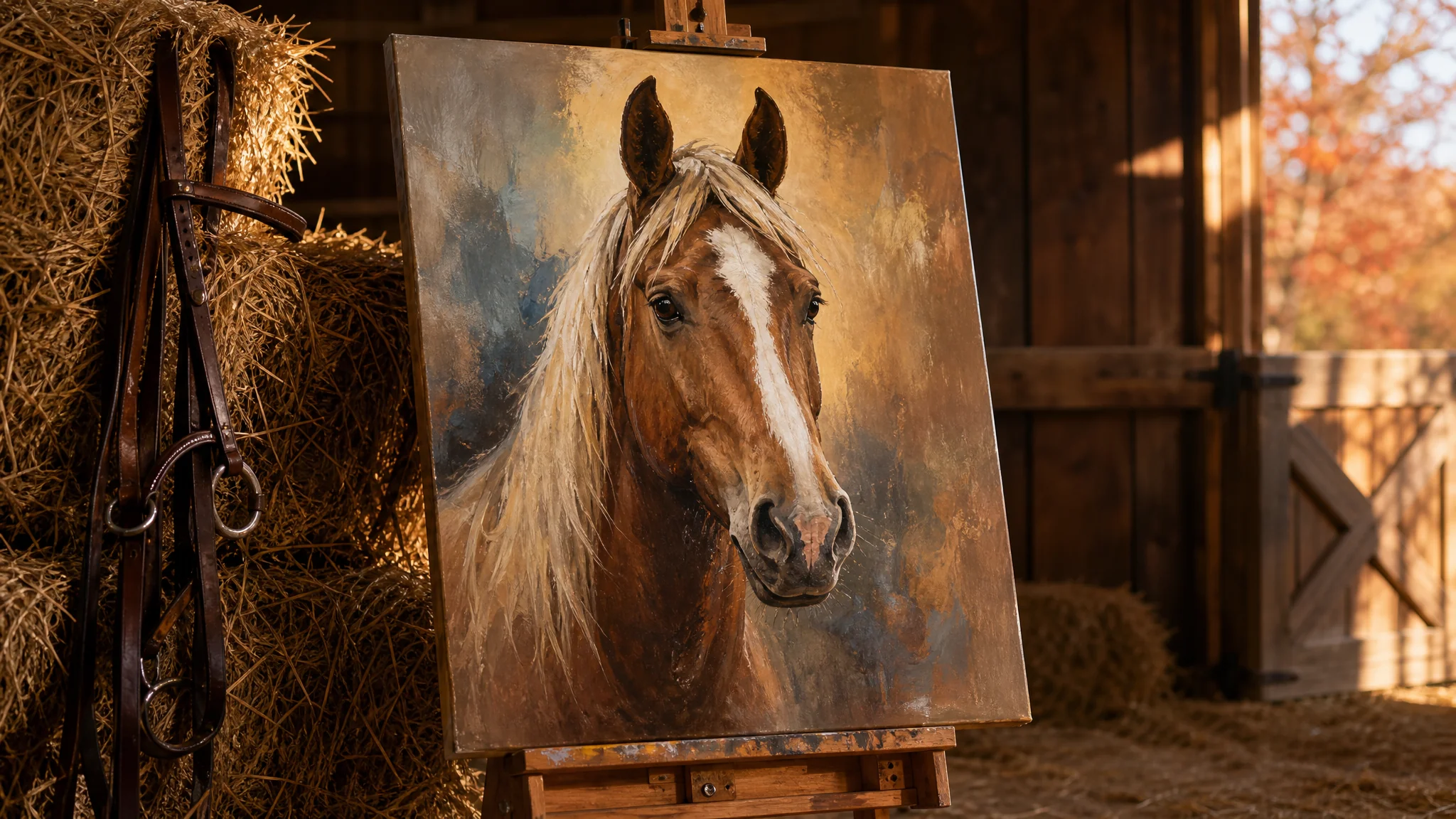 Geschilderd portret van een paard op groot canvas
