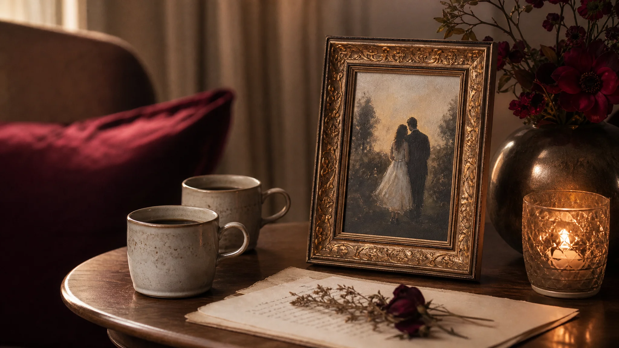 Stel kijkt samen naar een ingelijst romantisch schilderij in een warm verlichte slaapkamer op valentijnsdag