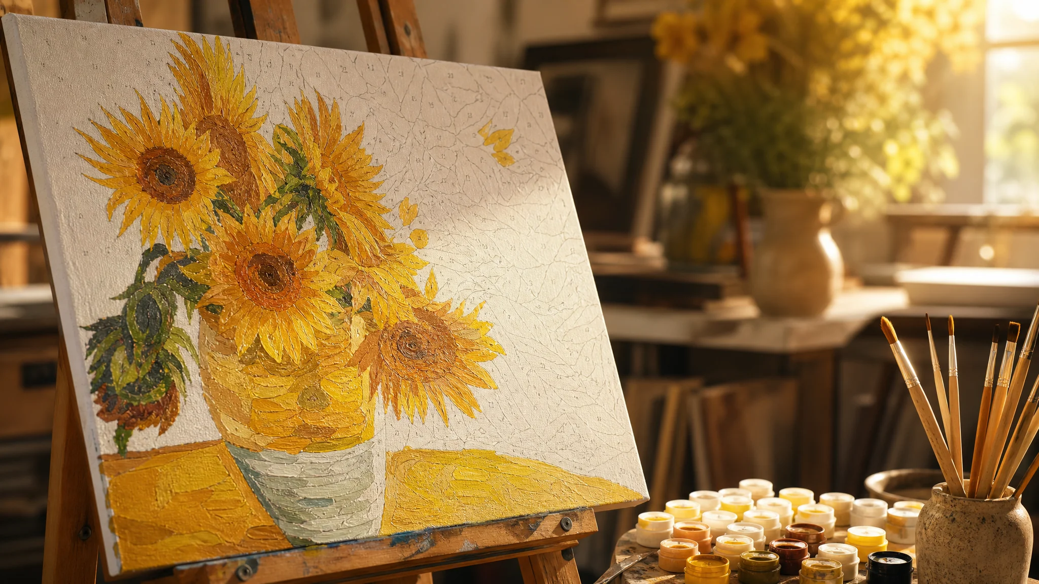 Iemand schildert een reproductie van Van Gogh's Zonnebloemen op canvas met acrylverf