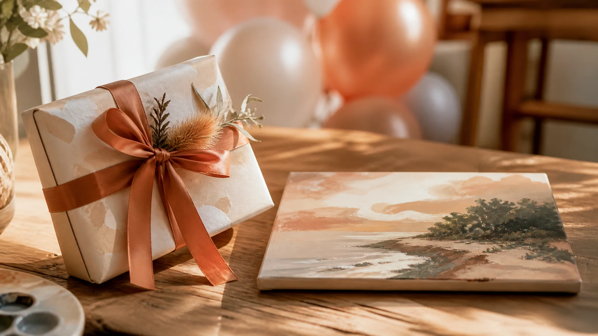 Ingelijst persoonlijk schilderij op een tafel naast cadeauverpakking en bloemen voor een verjaardag