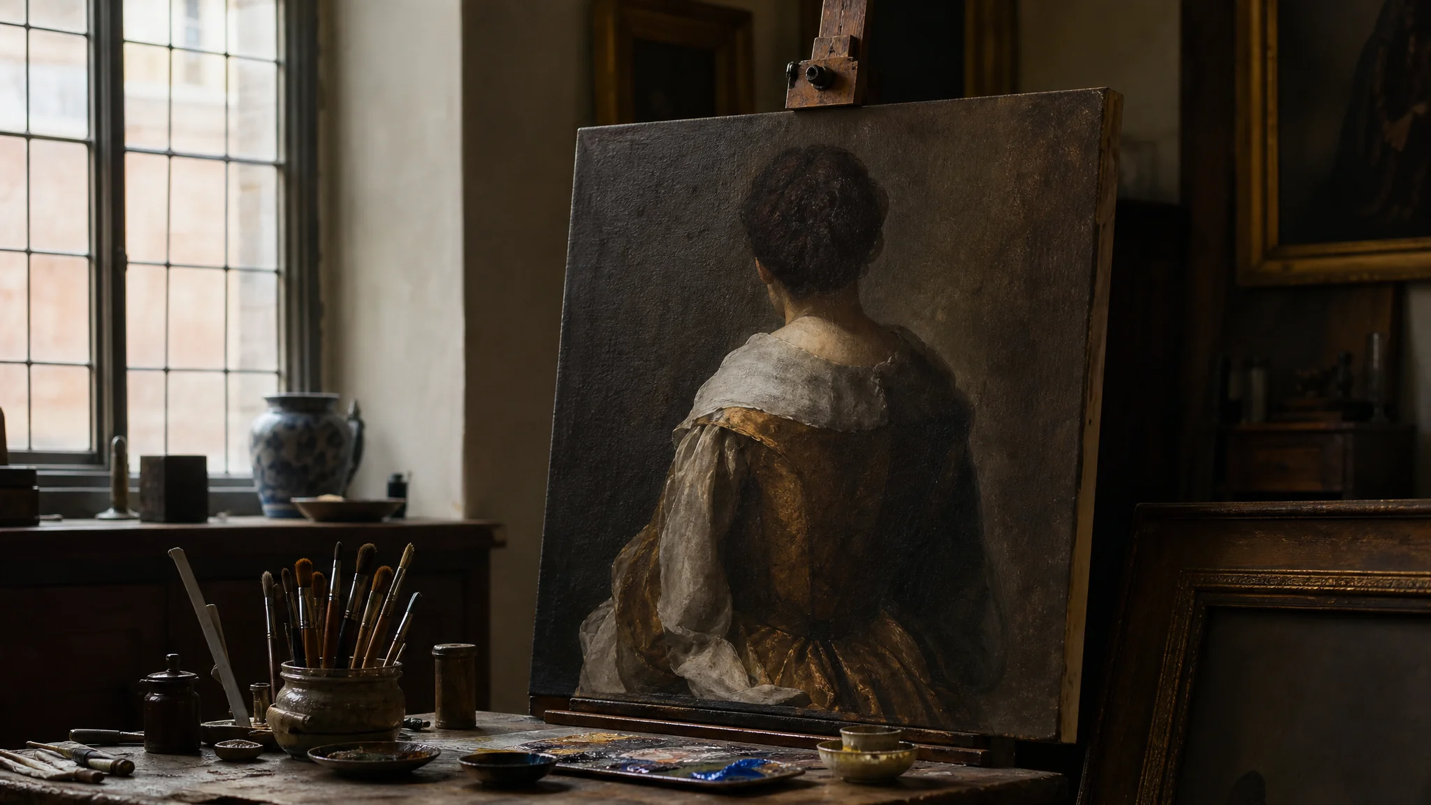 Detail van Meisje met de Parel reproductie op canvas, met kwasten op de rand