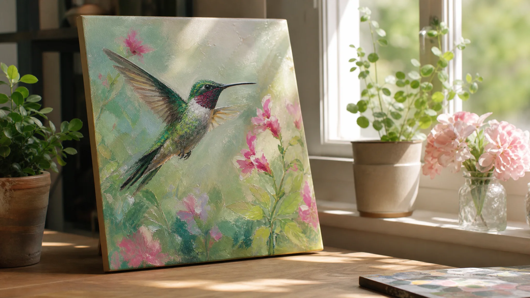 Geschilderd portret van een kleurrijke vogel op canvas