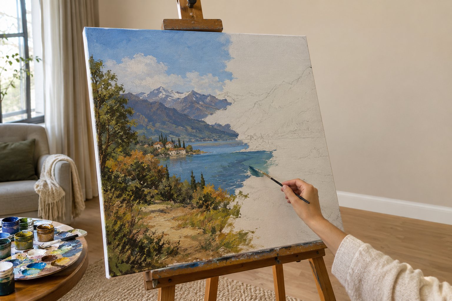 Groot schilderen-op-nummer-canvas op een schildersezel, half af geschilderd berglandschap, met verfpotjes op een tafel